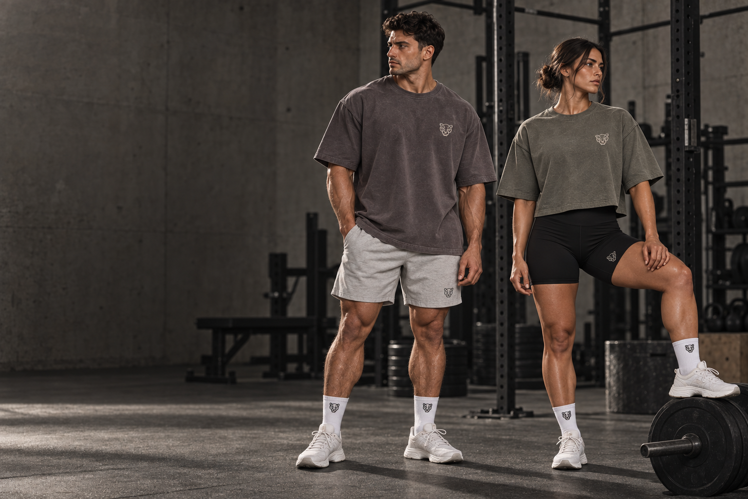 Pareja con ropa OCELOTL junto a un rack, barra y discos de hierro en un gimnasio clásico