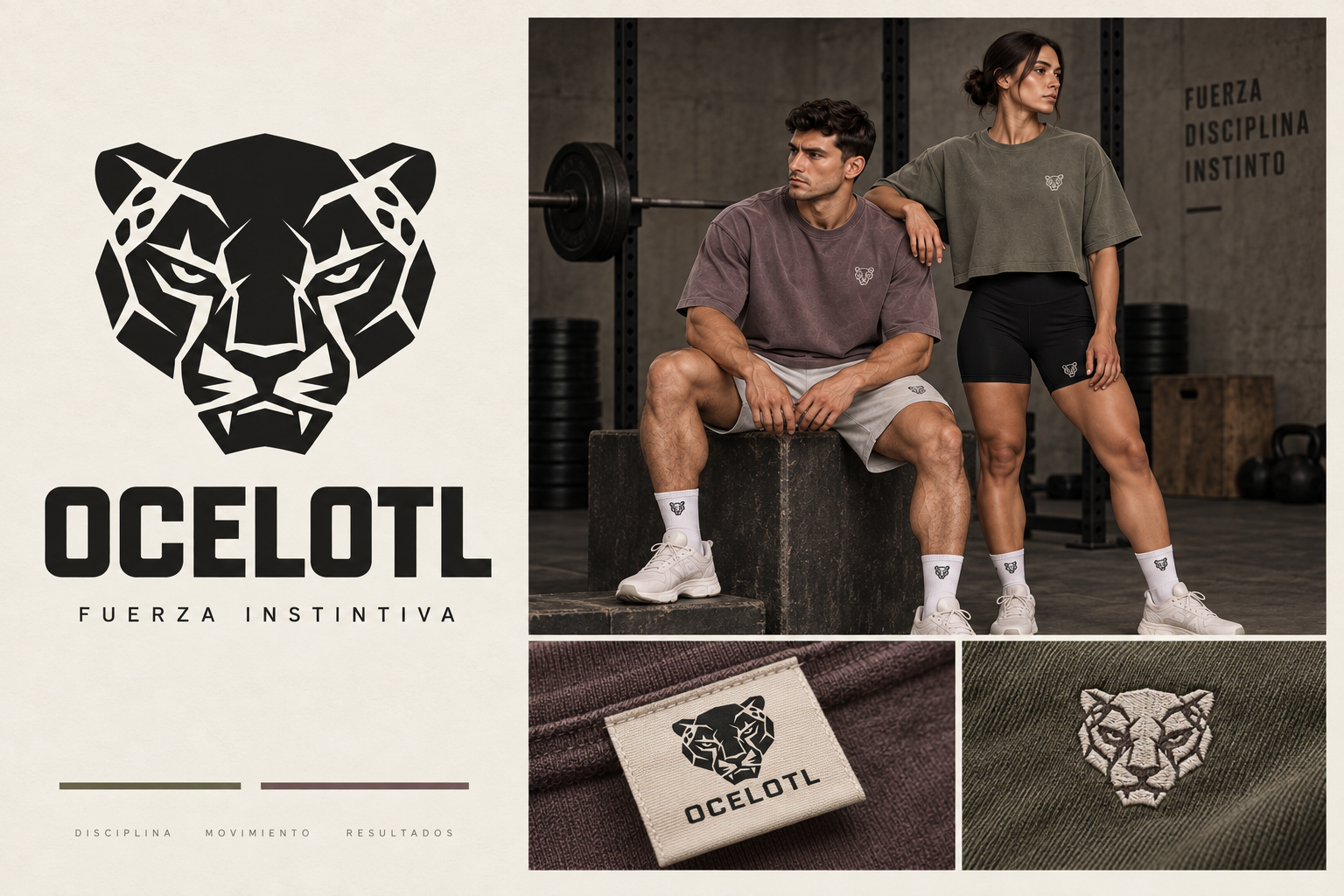 Identidad OCELOTL: jaguar, prendas de entrenamiento, etiqueta y bordado