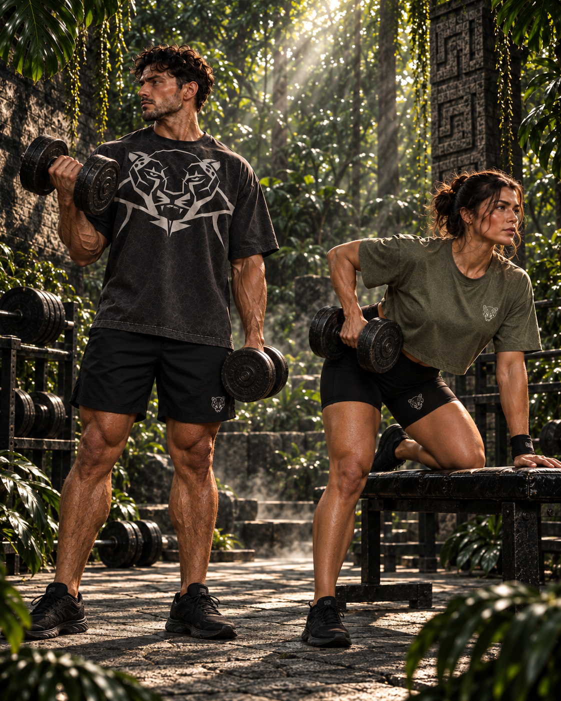 Pareja de deportistas con ropa OCELOTL entrenando con mancuernas en un gimnasio entre selva y piedra oscura